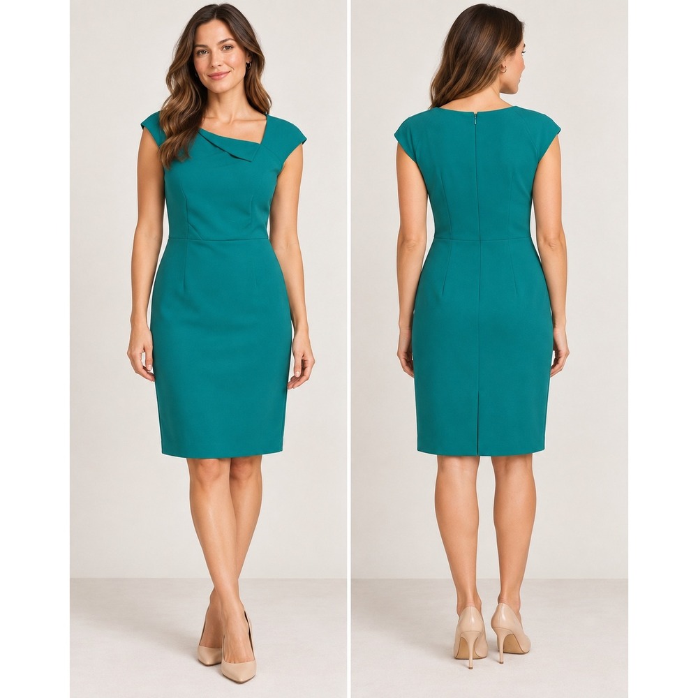 Ann Taylor Teal Green Sheath Dress Size 10 Draped Neck Stretch Career Work